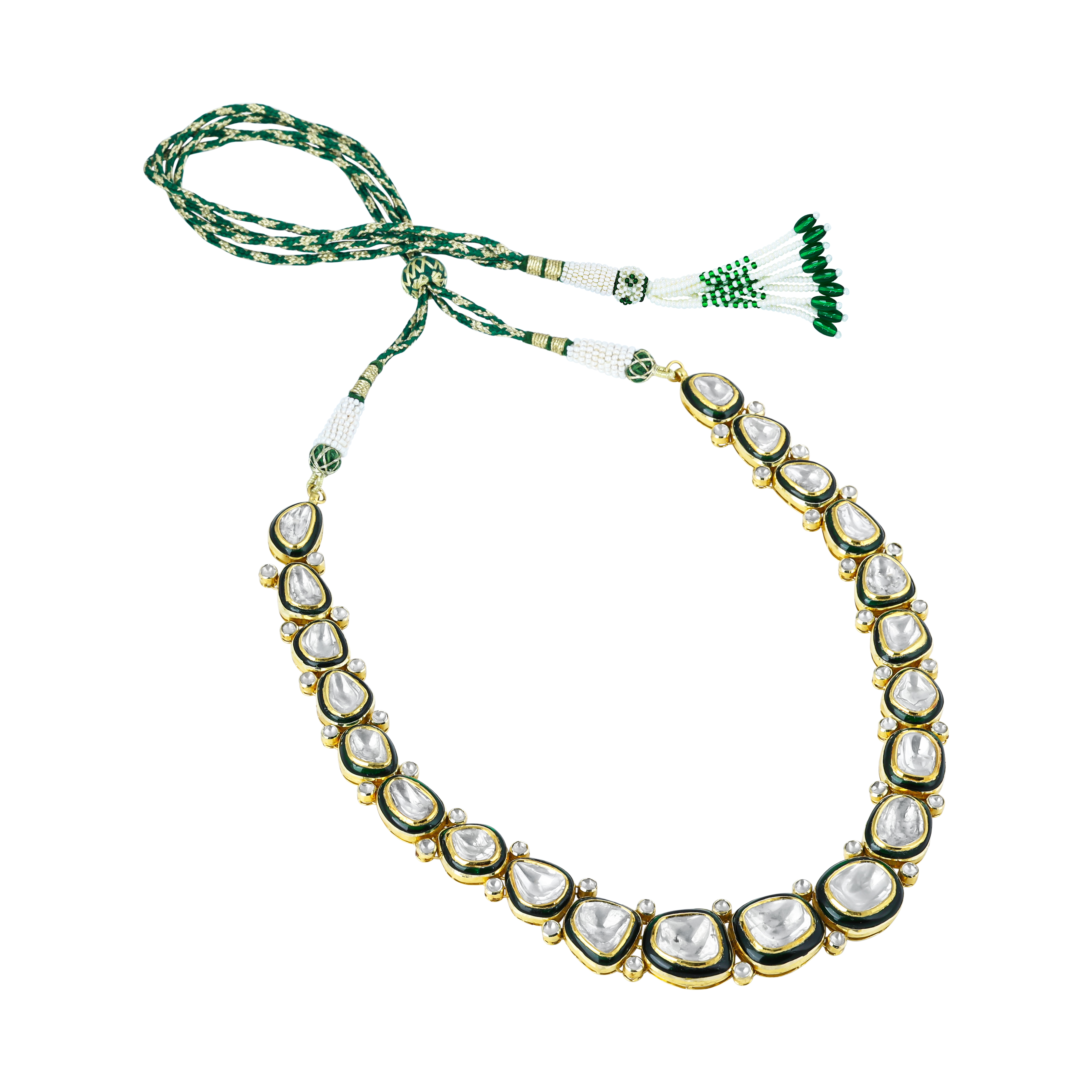 Polki Necklace Set with Green Enamel Border